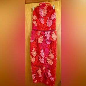 Elliatt Times Red and Pink Floral Lace Midi Dress